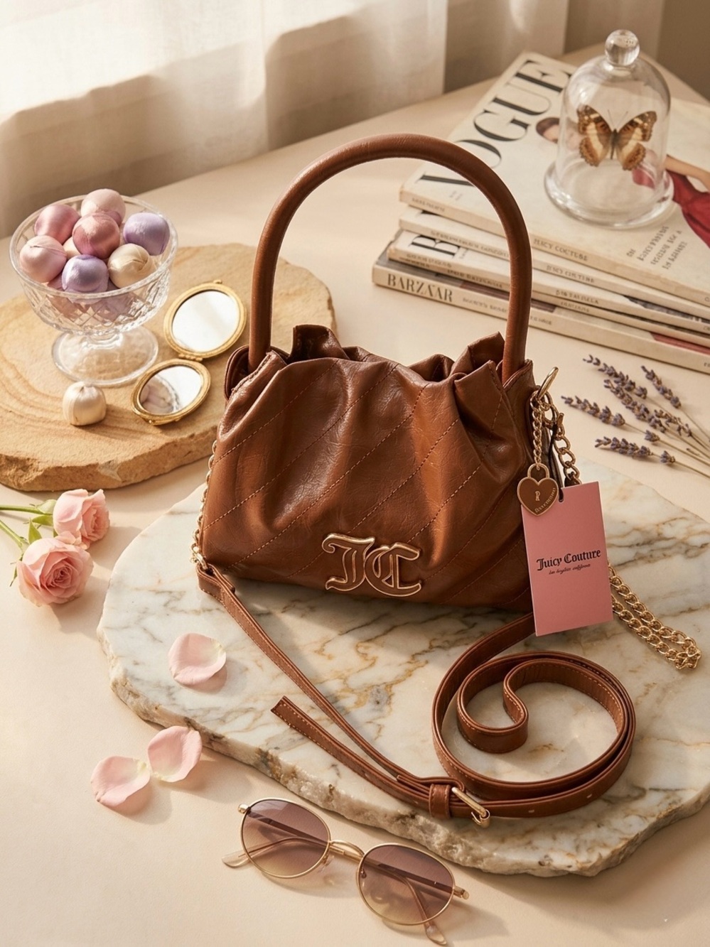 Juicy Couture Brown Quilted Shoulder Bag with Gold-Tone Logo